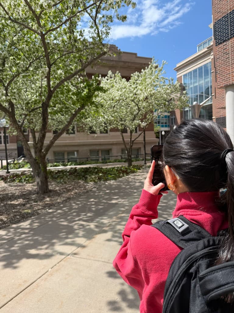 person in red taking a photo of blossoming trees and a building